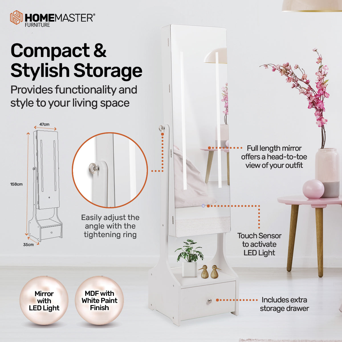 Home Master 158cm Mirror Jewellery Cabinet LED Lighting & Adjustable Angling