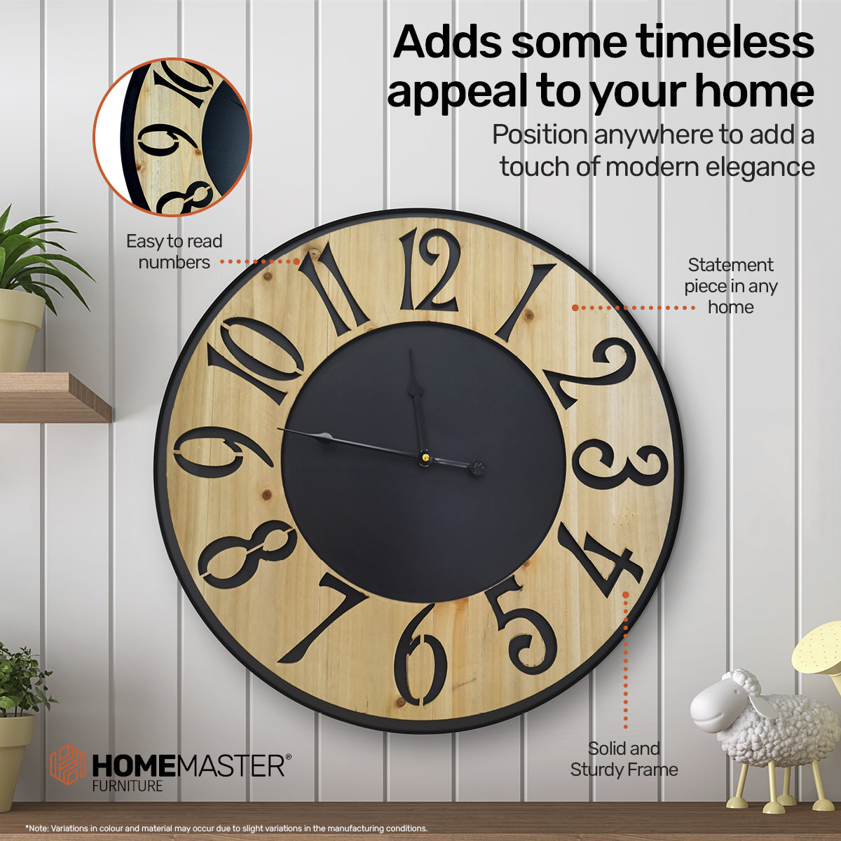 Home Master Wall Clock Wood & Metal Look Stylish Design Large Numbers 60cm