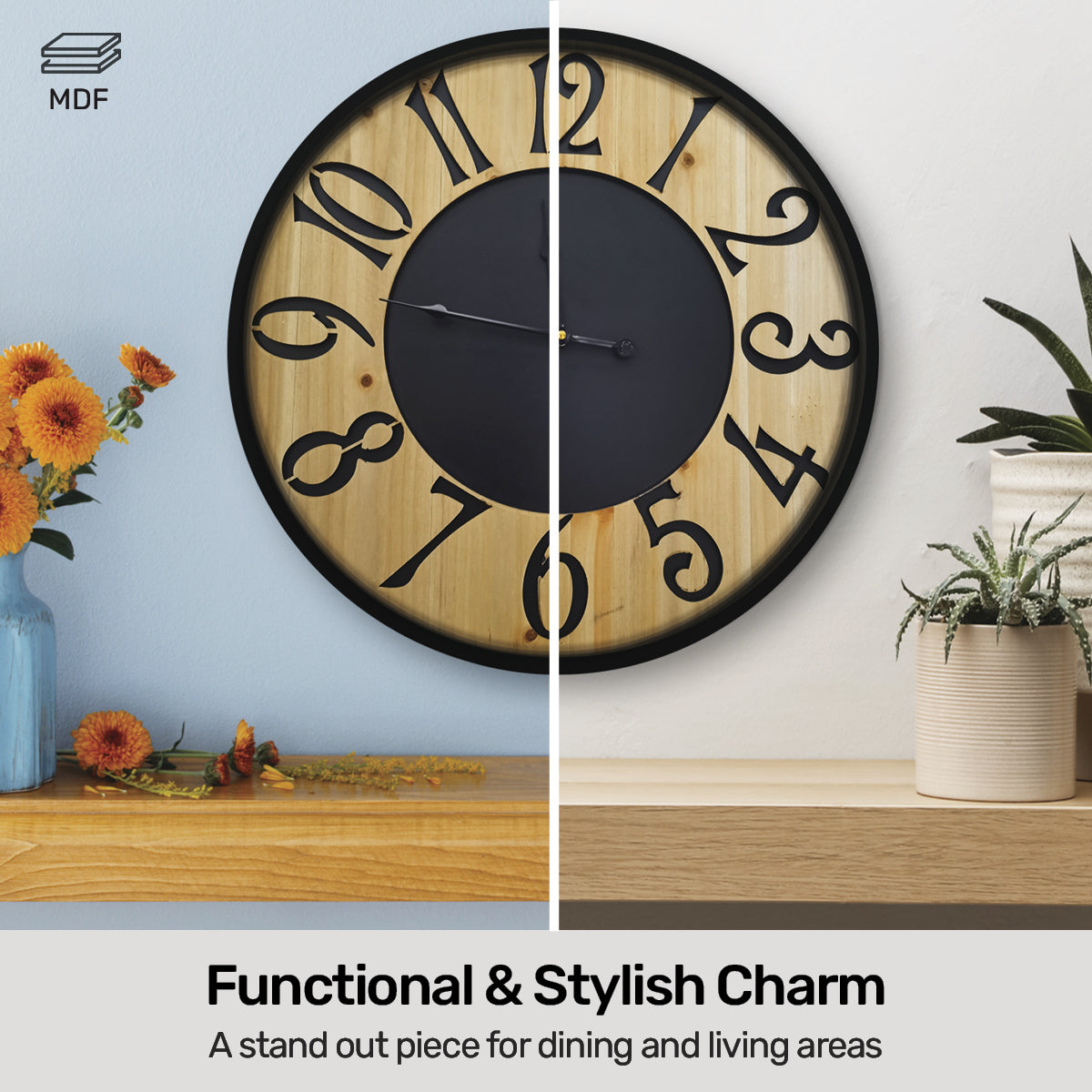 Home Master Wall Clock Wood & Metal Look Stylish Design Large Numbers 60cm