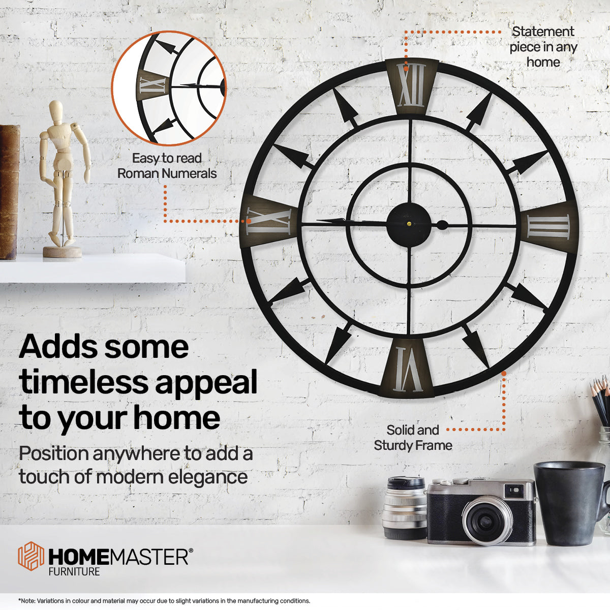 Home Master Wall Clock Antique Style Roman Numerals Metal Accents 60cm