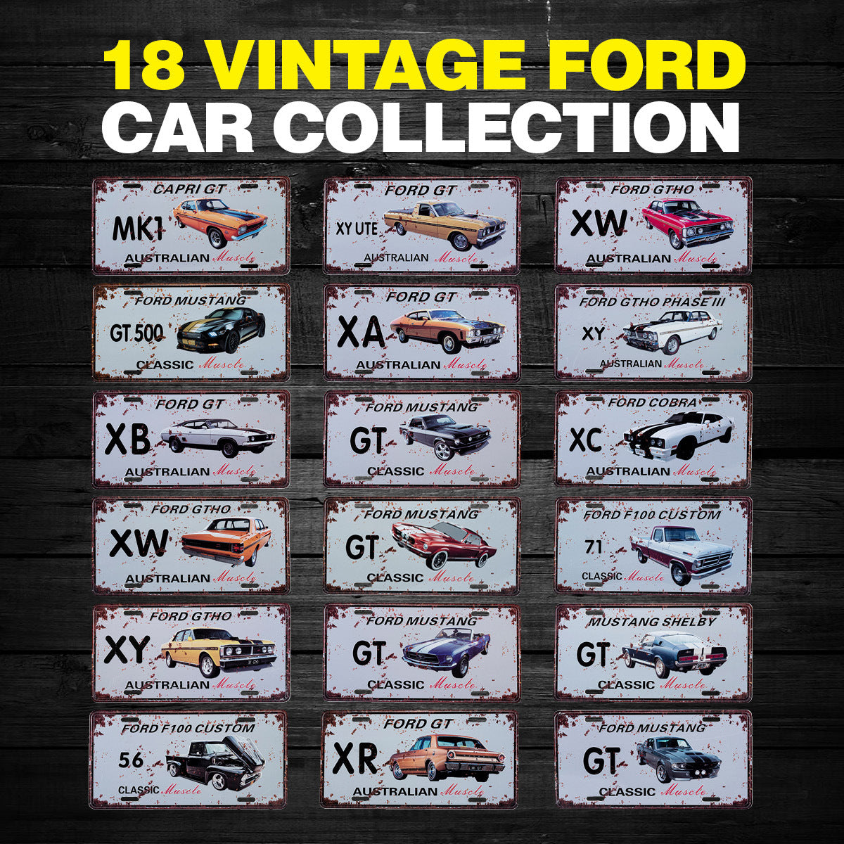 Handy Hardware 18PCE Vintage Aussie Muscle Car Plate Signs Ford 15cm x 30cm + 2 Bonus Plates