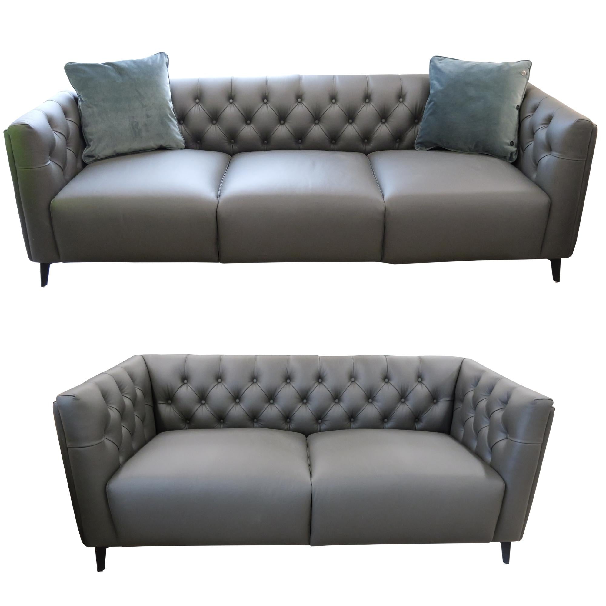 Luxe 2pc Genuine Forli Leather Sofa Set 2.5-3.5 Seater Lounge Couch -Dark Grey