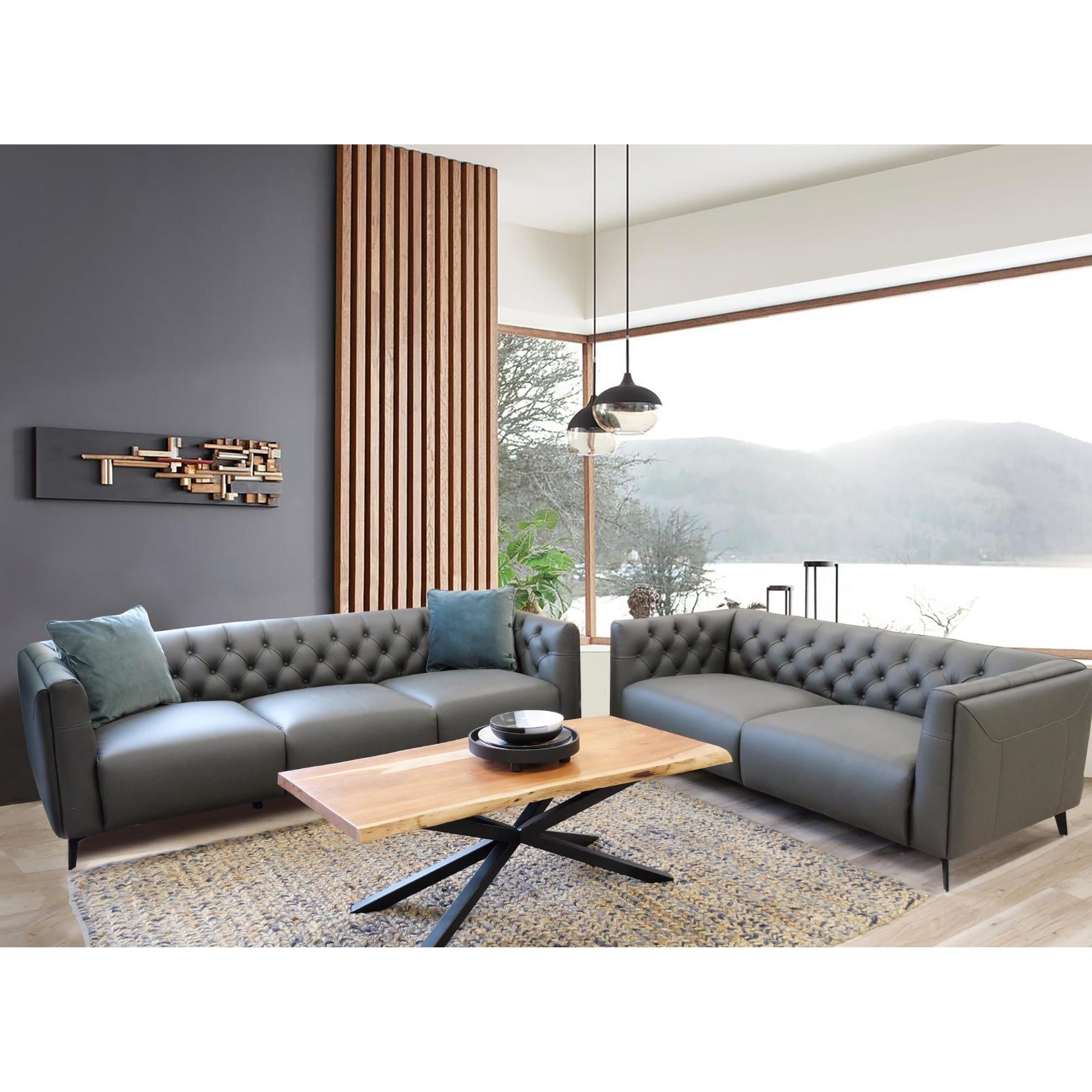Luxe 2pc Genuine Forli Leather Sofa Set 2.5-3.5 Seater Lounge Couch -Dark Grey