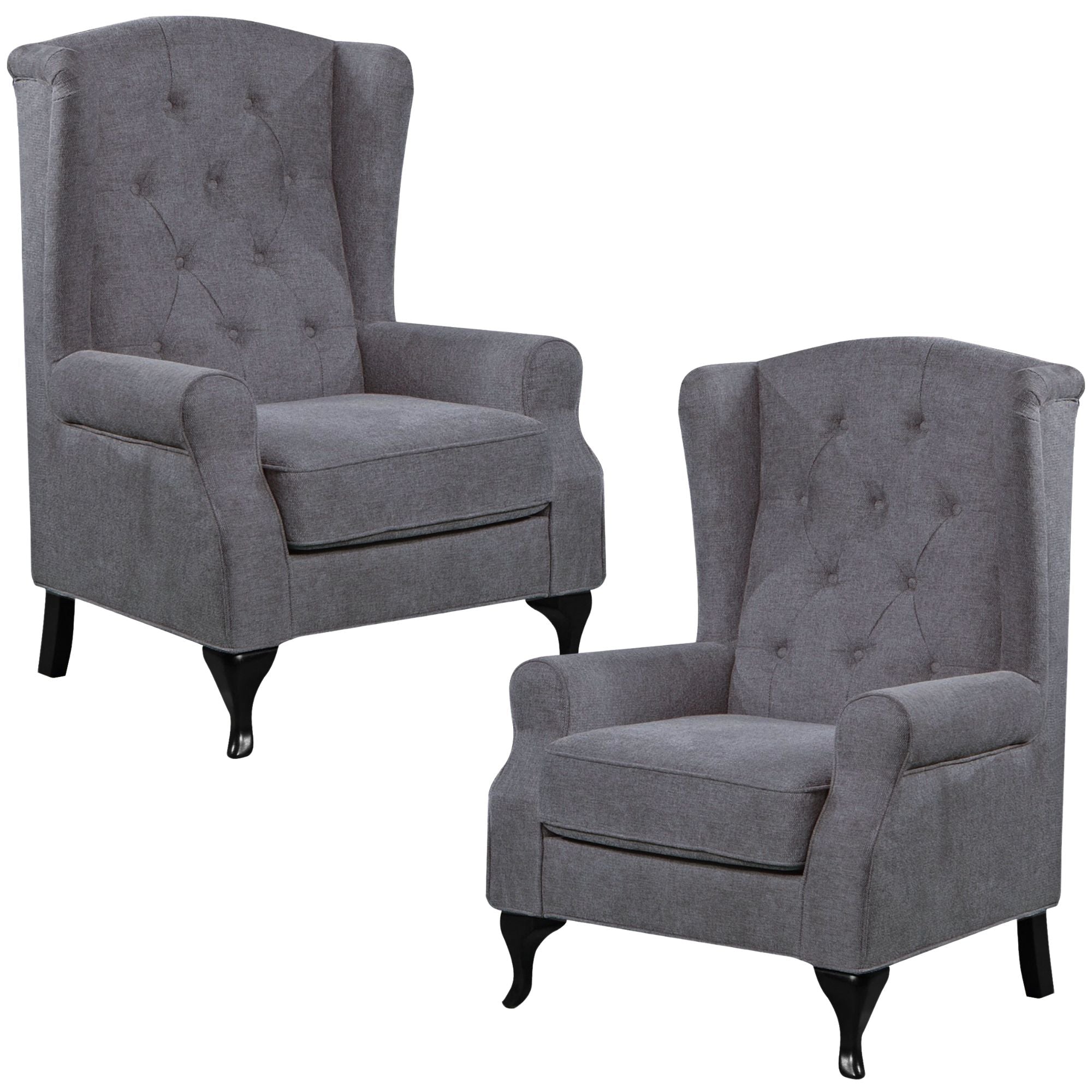 Mellowly Set of 2 Wing Back Chair Sofa Fabric Chesterfield Armchair - Grey