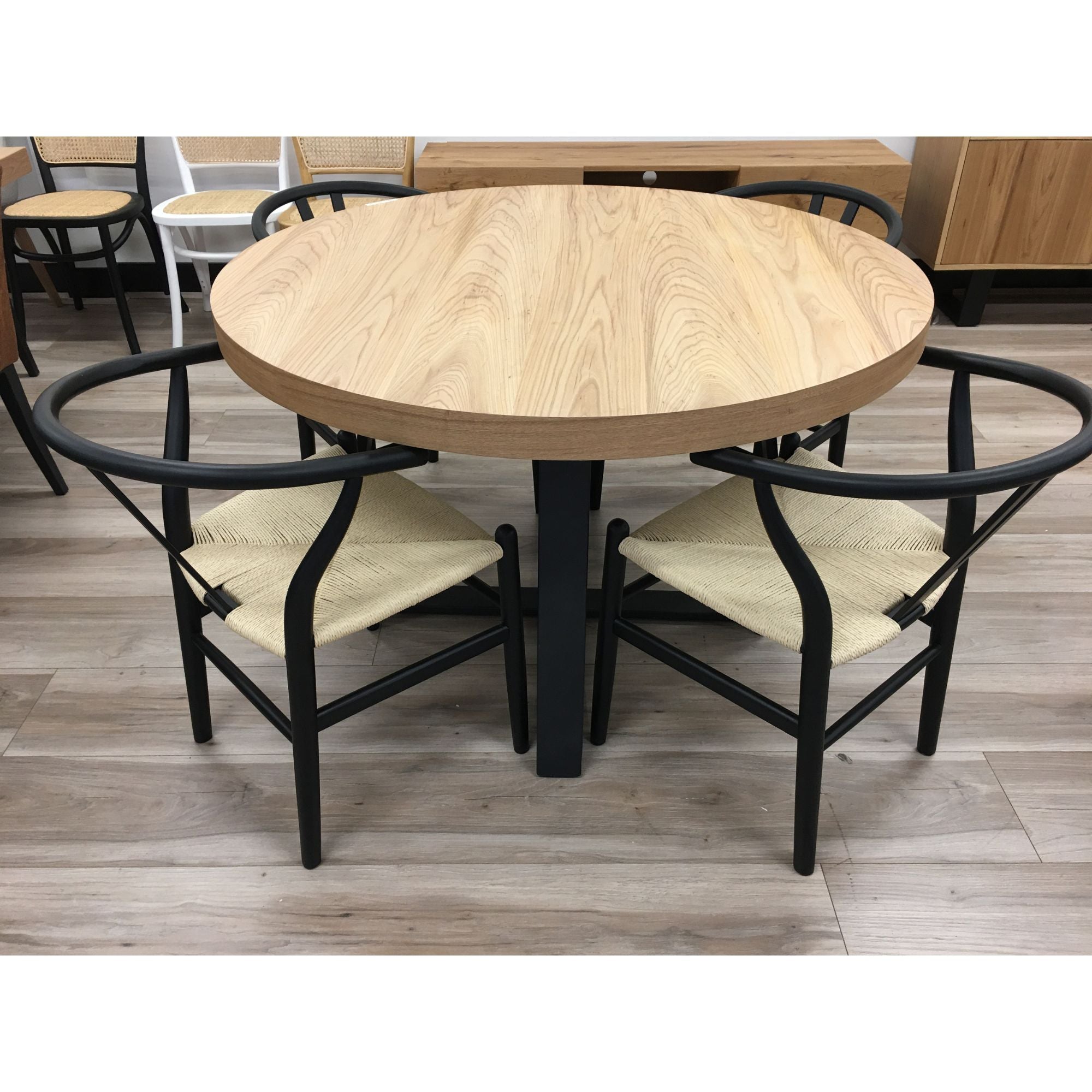 Petunia Round Dining Table 120cm Elm Timber Wood Black Metal Leg - Natural