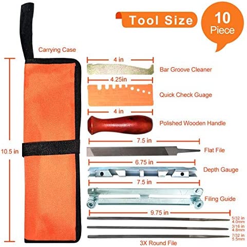 Chainsaw Sharpener File Kit, Chainsaw Chain Sharpener Chain Parts Set with 5/32, 3/16, 7/32 Inch Files, Wood Handle, Depth Gauge, Filing Guide, Tool Pouch