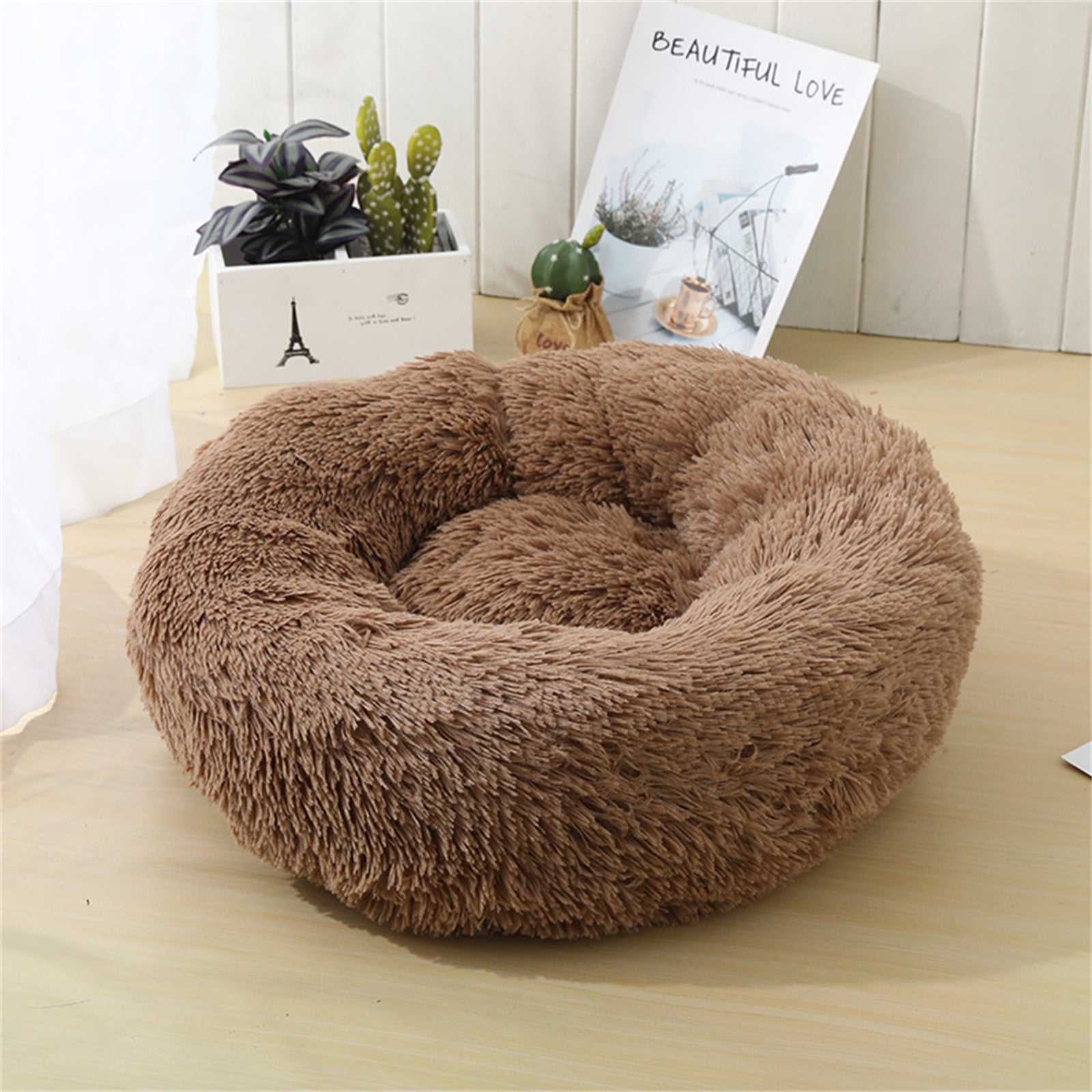 Pet Dog Bedding Warm Plush Round Comfortable Nest Sleeping kennel Coffee M 70cm