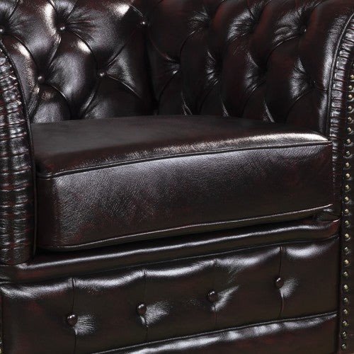 1 Seater Genuine Leather Upholstery Deep Quilting Pocket Spring Button Studding Sofa Lounge Set for Living Room Couch In Burgundy Colour