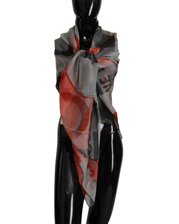 CNC Costume National Grey and Red Checkered Printed Silk Scarf One Size Women