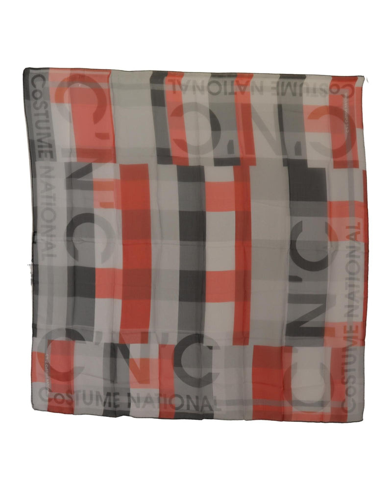 CNC Costume National Grey and Red Checkered Printed Silk Scarf One Size Women