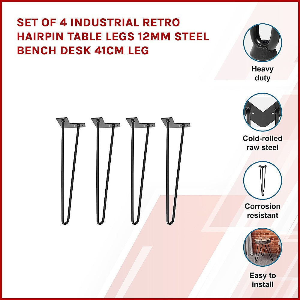 Set of 4 Industrial Retro Hairpin Table Legs 12mm Steel Bench Desk 41cm Leg