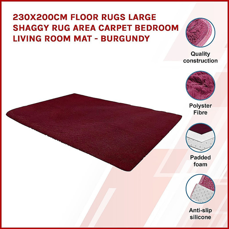 230x200cm Floor Rugs Large Shaggy Rug Area Carpet Bedroom Living Room Mat - Burgundy