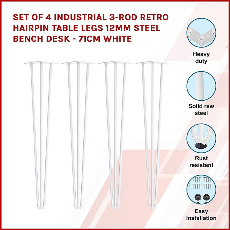 Set of 4 Industrial 3-Rod Retro Hairpin Table Legs 12mm Steel Bench Desk - 71cm White