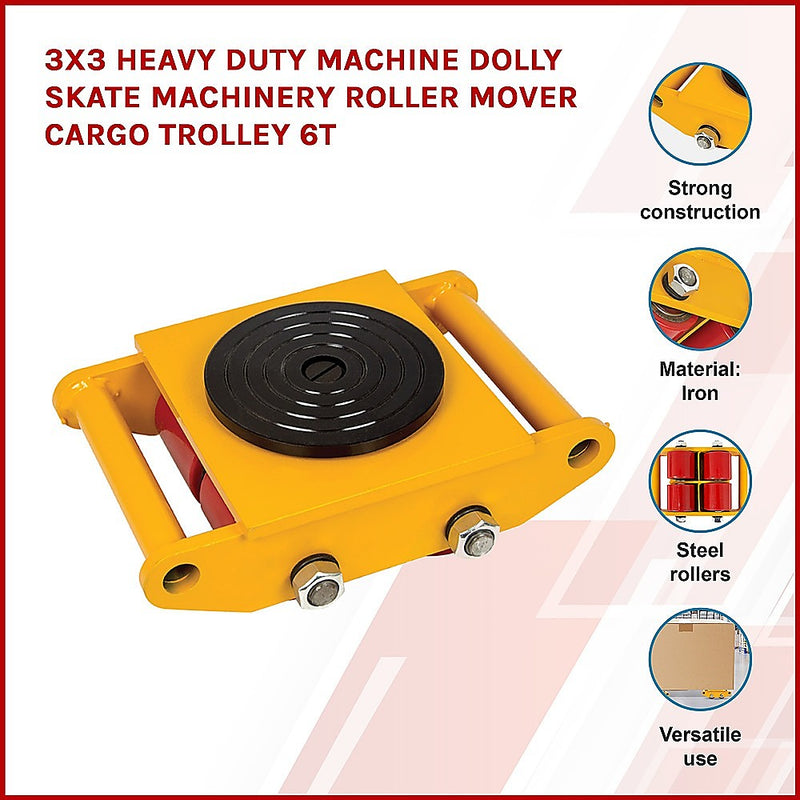 3x3 Heavy Duty Machine Dolly Skate Machinery Roller Mover Cargo Trolley 6T