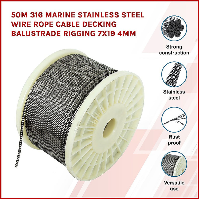 50M 316 Marine Stainless Steel Wire Rope Cable Decking Balustrade Rigging 7x19 4mm