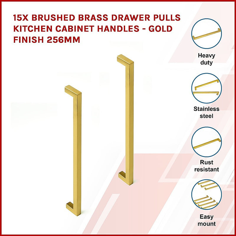 15x Brushed Brass Drawer Pulls Kitchen Cabinet Handles - Gold Finish 256mm