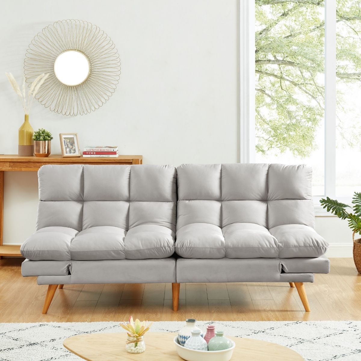 Alexa 3 Seater Velvet Sofa Bed Futon Light Grey