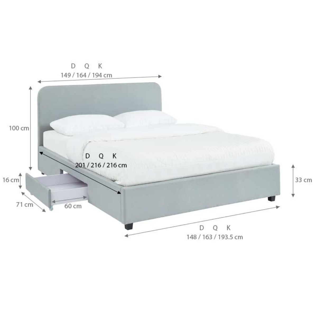 Kevin Stone Grey Storage Bed with 2 Drawers in King