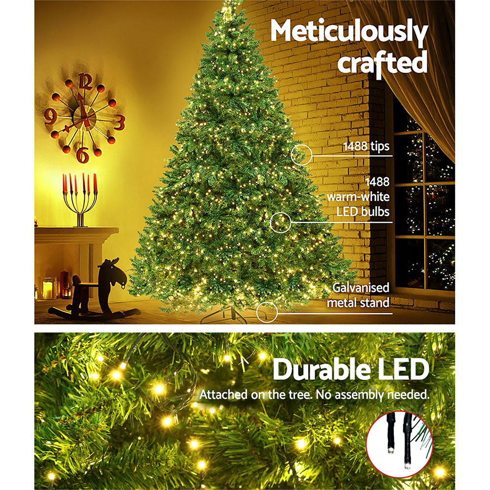 Jingle Jollys Christmas Tree 2.4M With 1488 LED Lights Warm White Green
