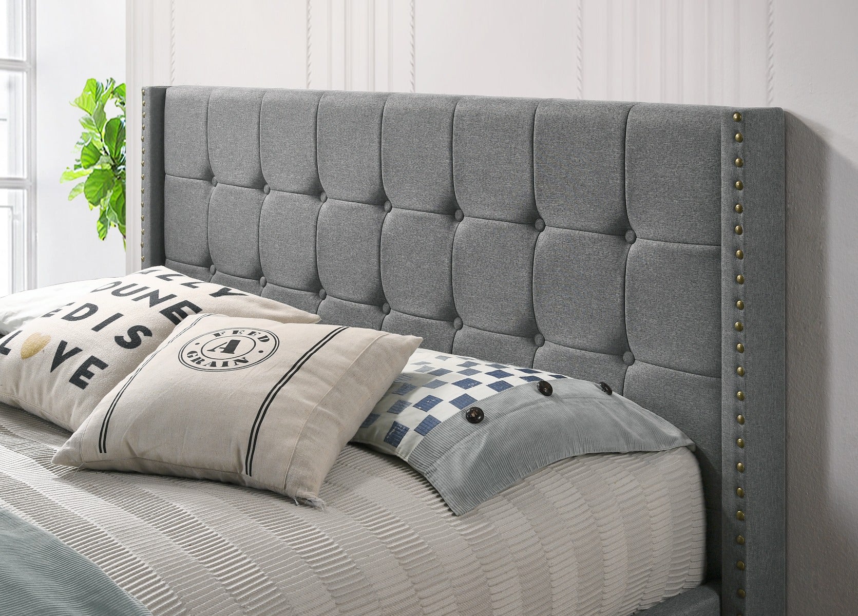 King Sized Winged Fabric Bed Frame with Gas Lift Storage in Light Grey