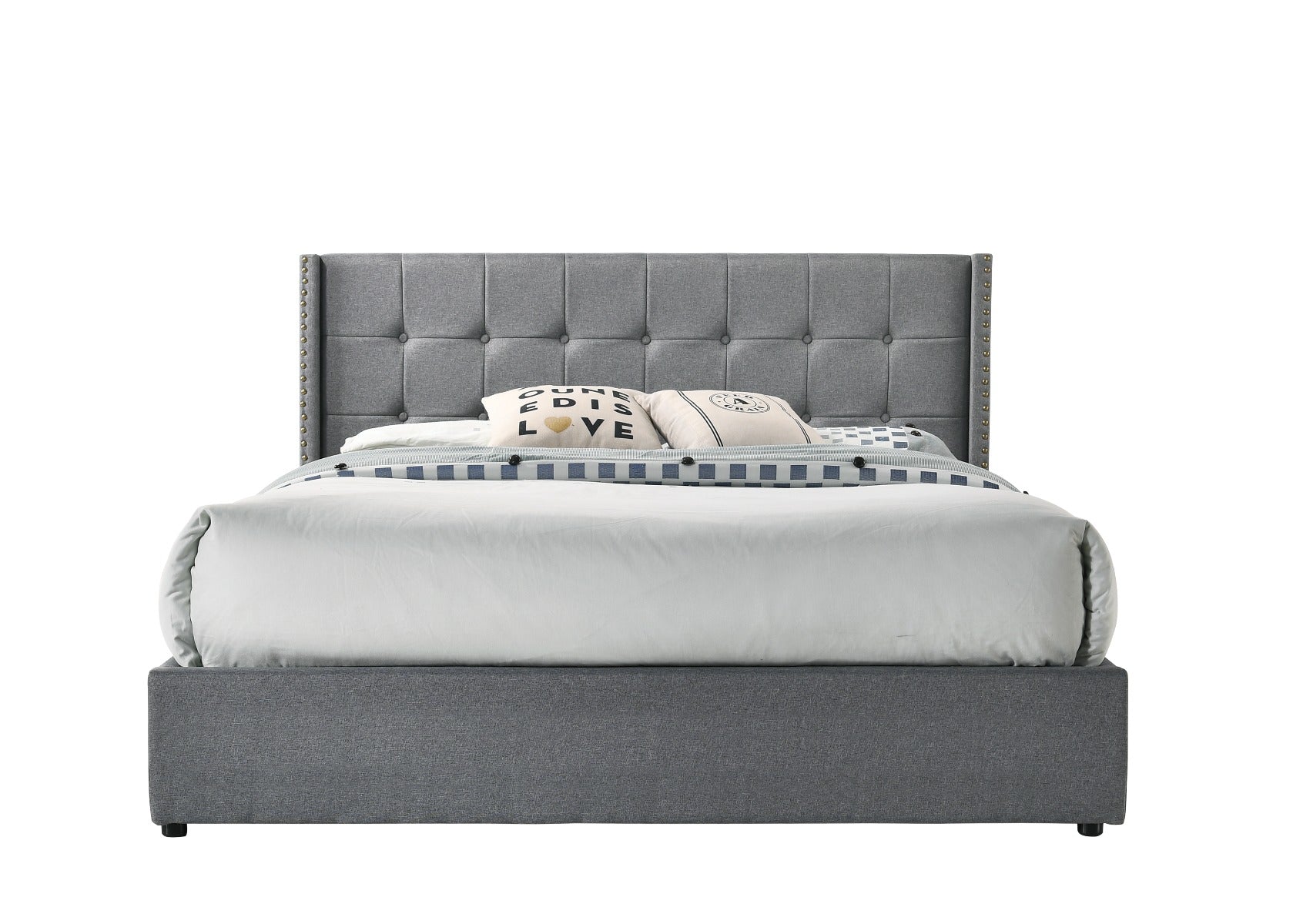 Queen Sized Winged Fabric Bed Frame with Gas Lift Storage in Light Grey
