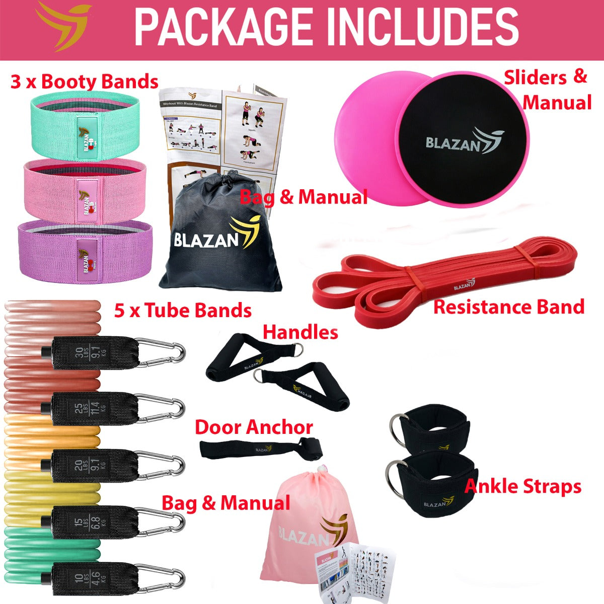 Resistance Exercise Bands Fitness Bundle 21 Pieces Complete Home Workout Tube Booty Bands Heavy Duty Band Gliding Core Sliders