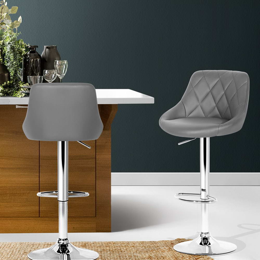 Artiss Set of 2 Bar Stools PU Leather Diamond Style - Grey