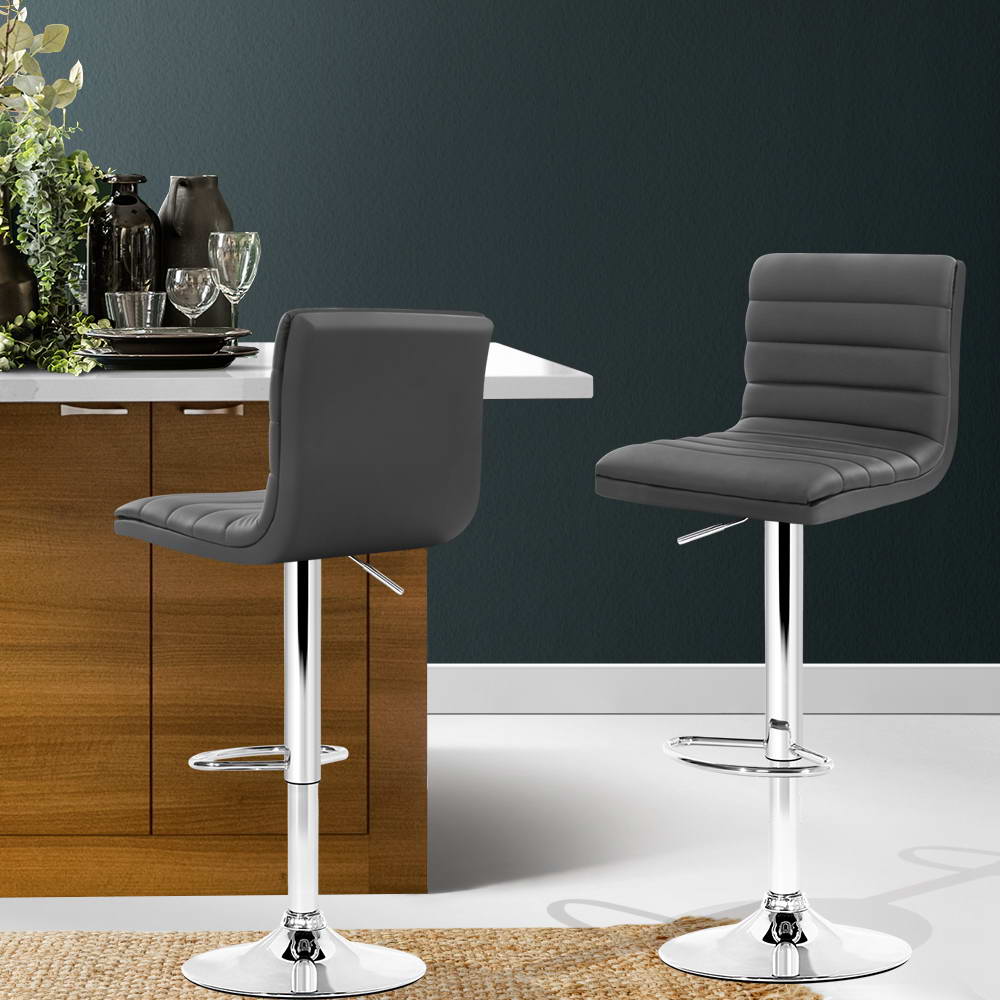 Artiss Set of 2 PU Leather Lined Pattern Bar Stools- Grey and Chrome