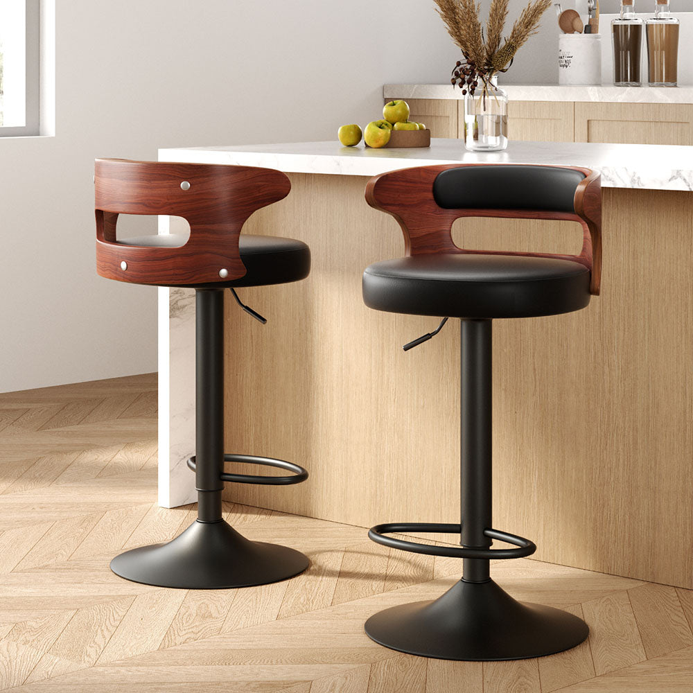 Artiss Set of 2 Bar Stools Kitchen Wooden Gas Lift Leather Stool Metal Black Barstools