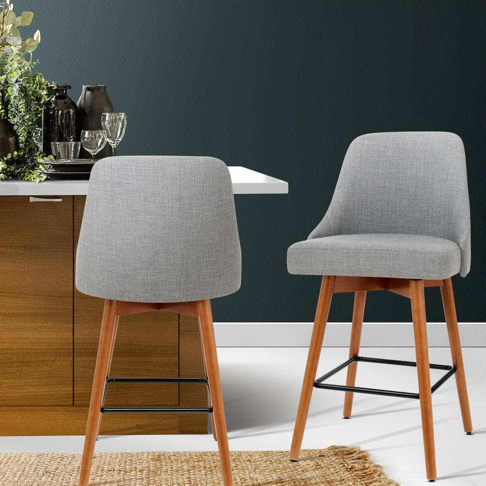 Artiss Set of 2 Wooden Fabric Bar Stools Square Footrest - Light Grey