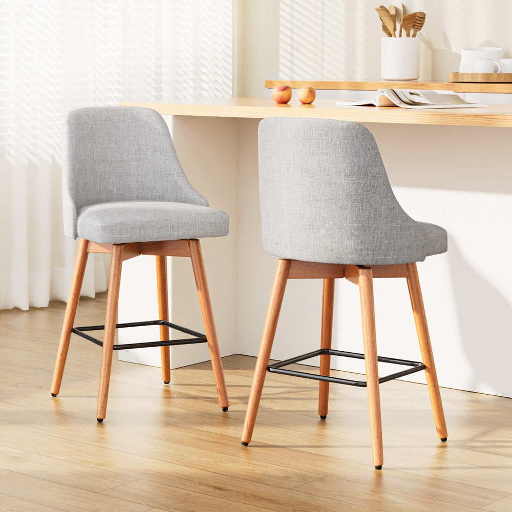 Artiss Set of 2 Wooden Fabric Bar Stools Square Footrest - Light Grey