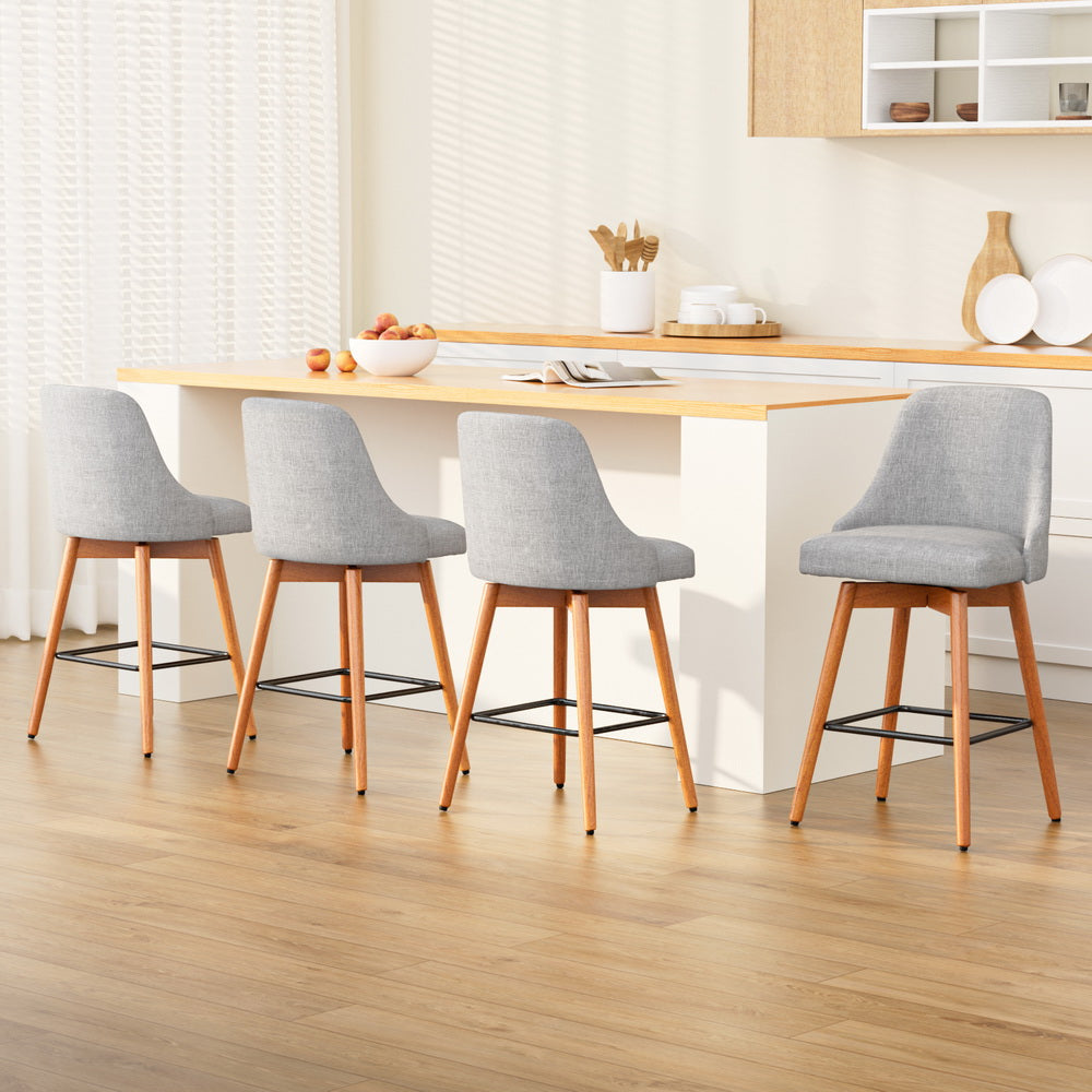 Artiss Set of 4 Wooden Fabric Bar Stools Square Footrest - Light Grey