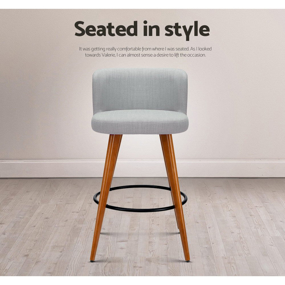 Artiss Set of 2 Wooden Fabric Bar Stools Circular Footrest - Light Grey