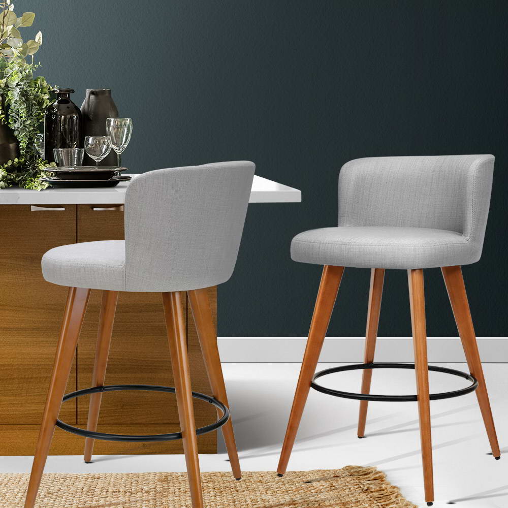 Artiss Set of 2 Wooden Fabric Bar Stools Circular Footrest - Light Grey