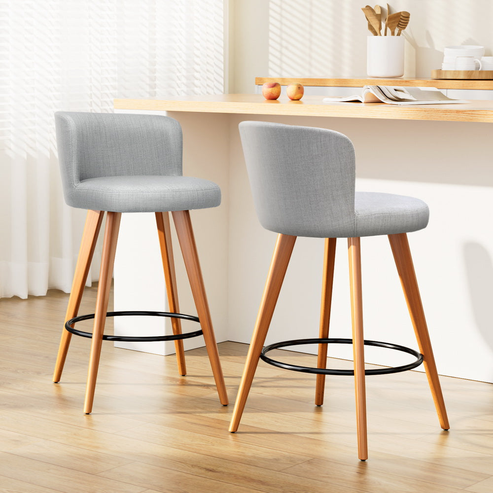 Artiss Set of 2 Wooden Fabric Bar Stools Circular Footrest - Light Grey