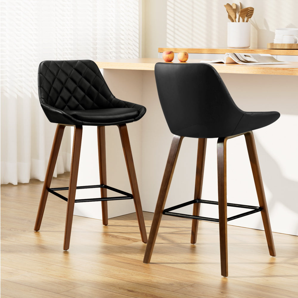 Artiss Set of 2 Bar Stools Bentwood PU Leather Diamond Pleat - Black