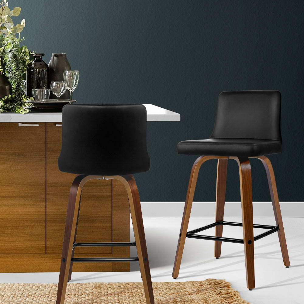 Artiss Set of 2 Wooden PU Leather Bar Stool - Black and Brown Wood Legs