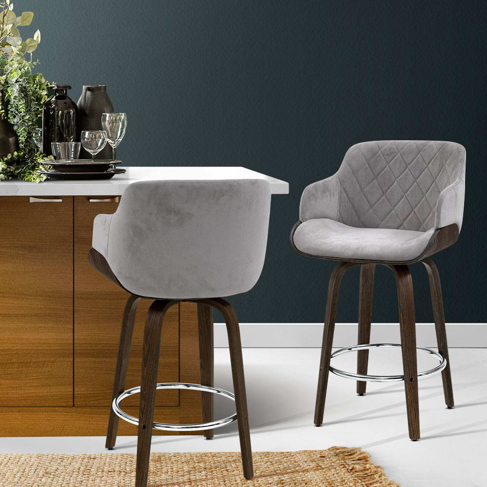 Artiss Velvet Bar Stool Swivel - Grey and Wood