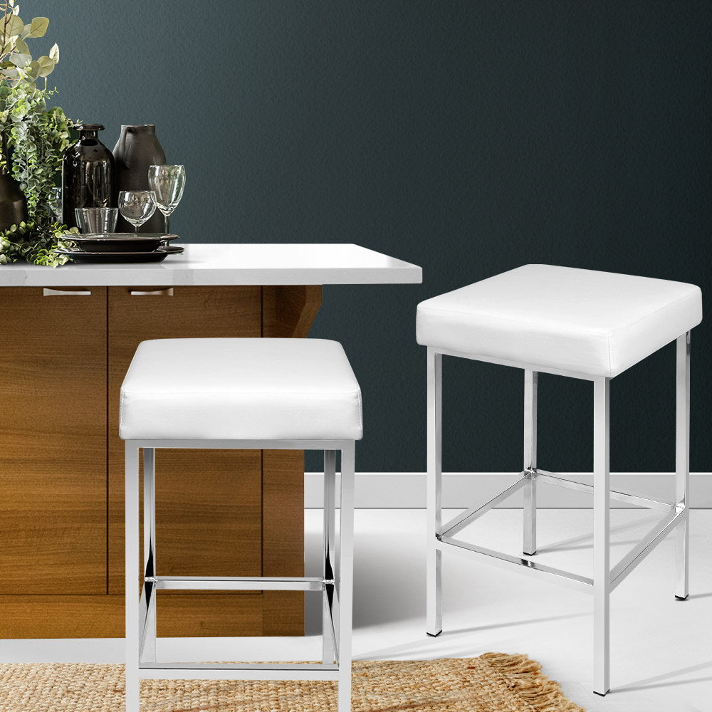 Artiss Set of 2 PU Leather Backless Bar Stools - White and Chrome