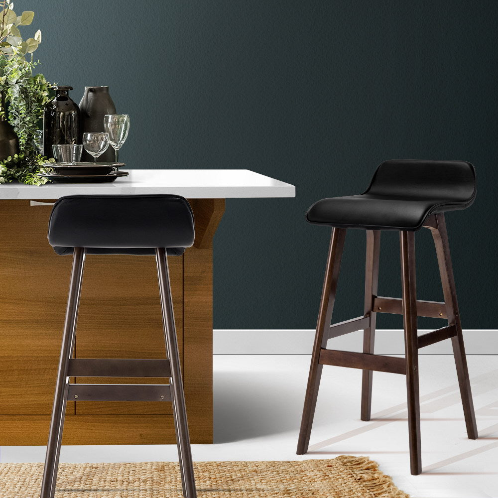 Artiss Set of 2 PU Leather Wood Wave Style Bar Stool - Black