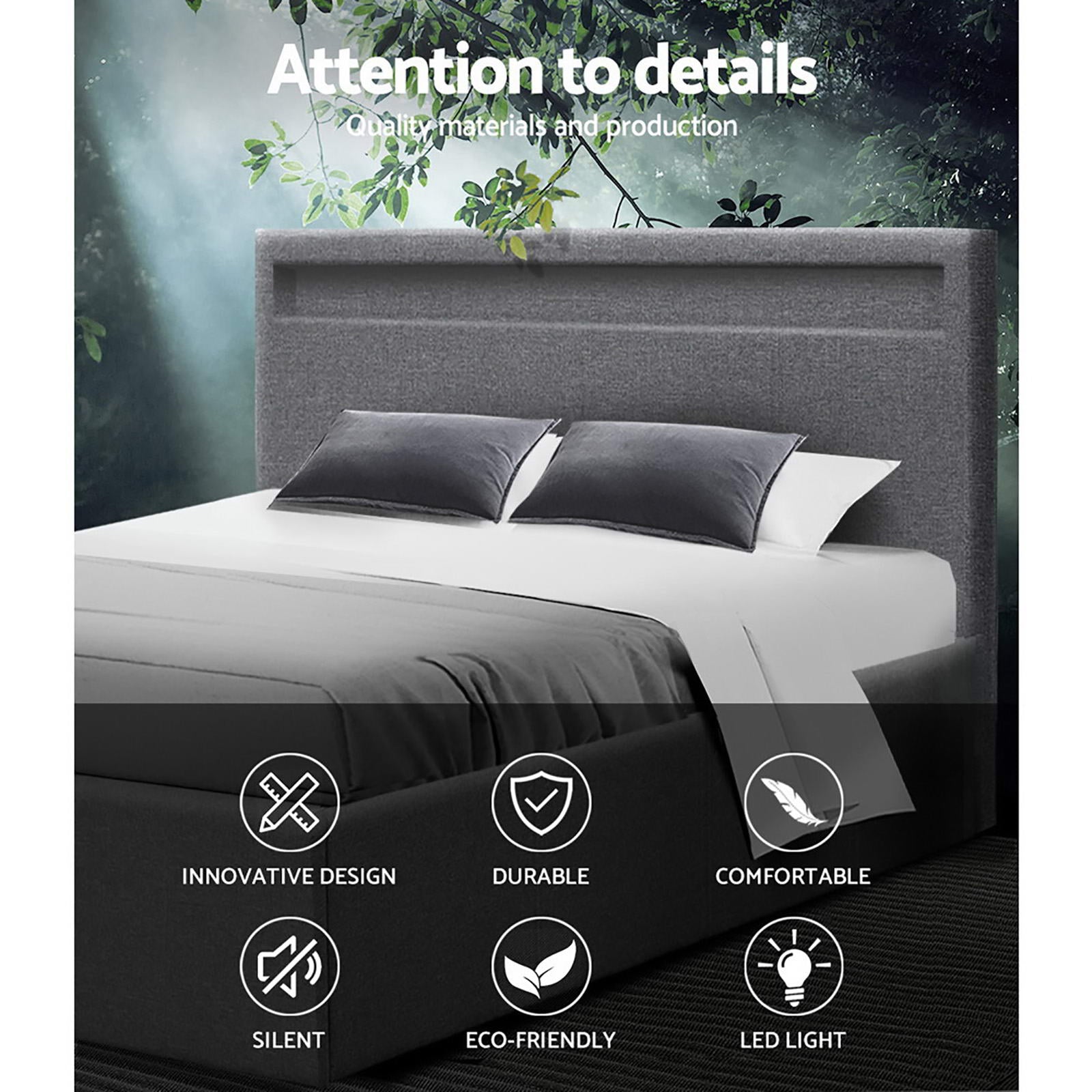 Artiss Cole LED Bed Frame Fabric Gas Lift Storage - Grey Double