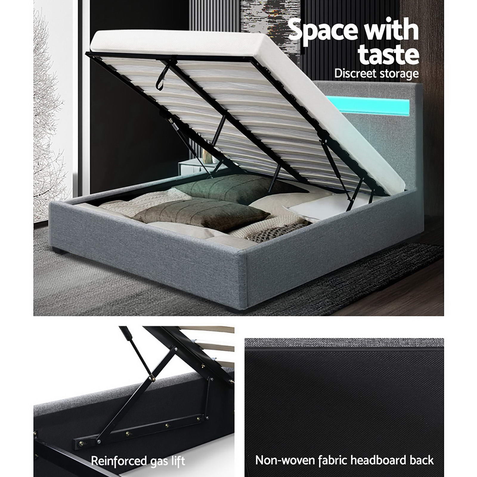 Artiss Cole LED Bed Frame Fabric Gas Lift Storage - Grey Double