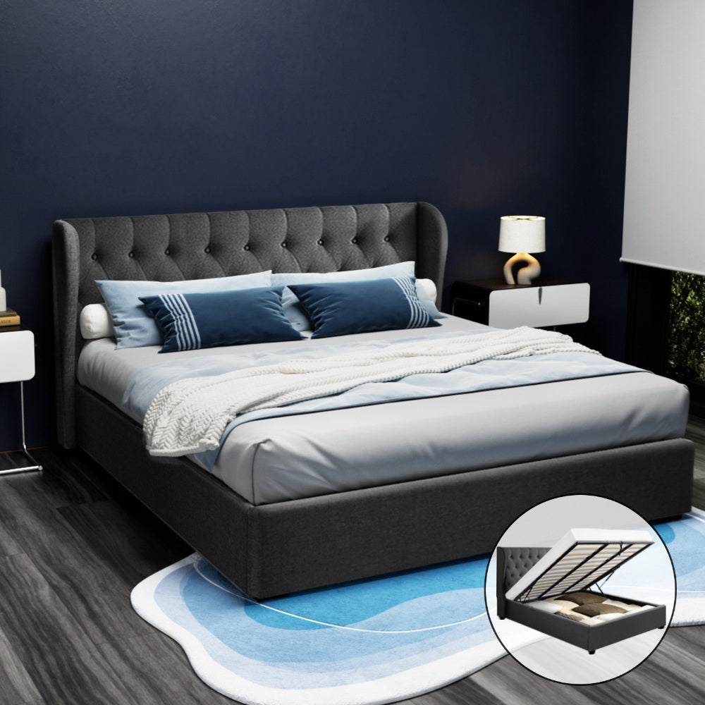Artiss Issa Bed Frame Fabric Gas Lift Storage - Charcoal King
