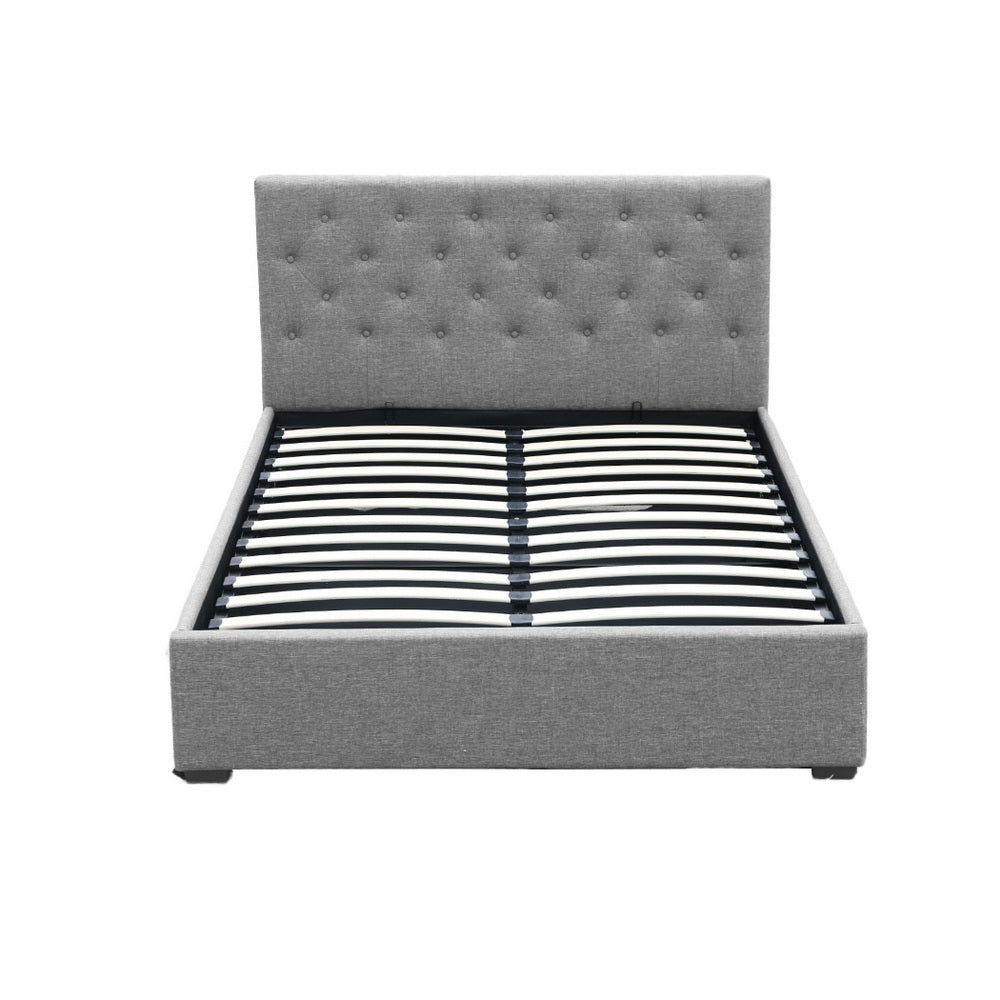 Artiss Vila Bed Frame Fabric Gas Lift Storage - Grey Double