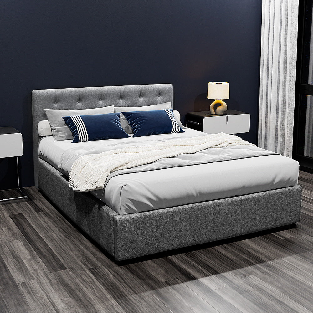 Artiss Vila Bed Frame Fabric Gas Lift Storage - Grey Double