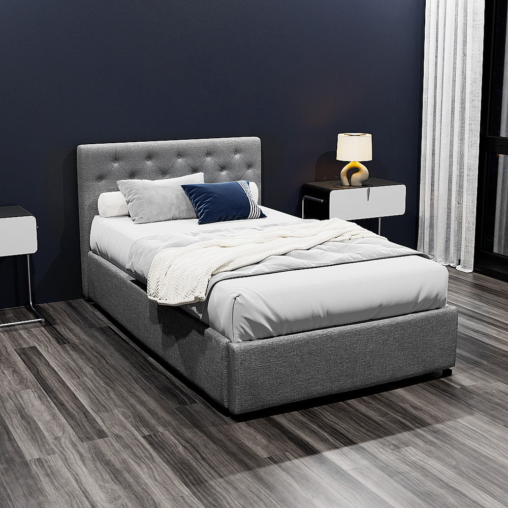 Artiss Vila Bed Frame Fabric Gas Lift Storage - Grey King Single