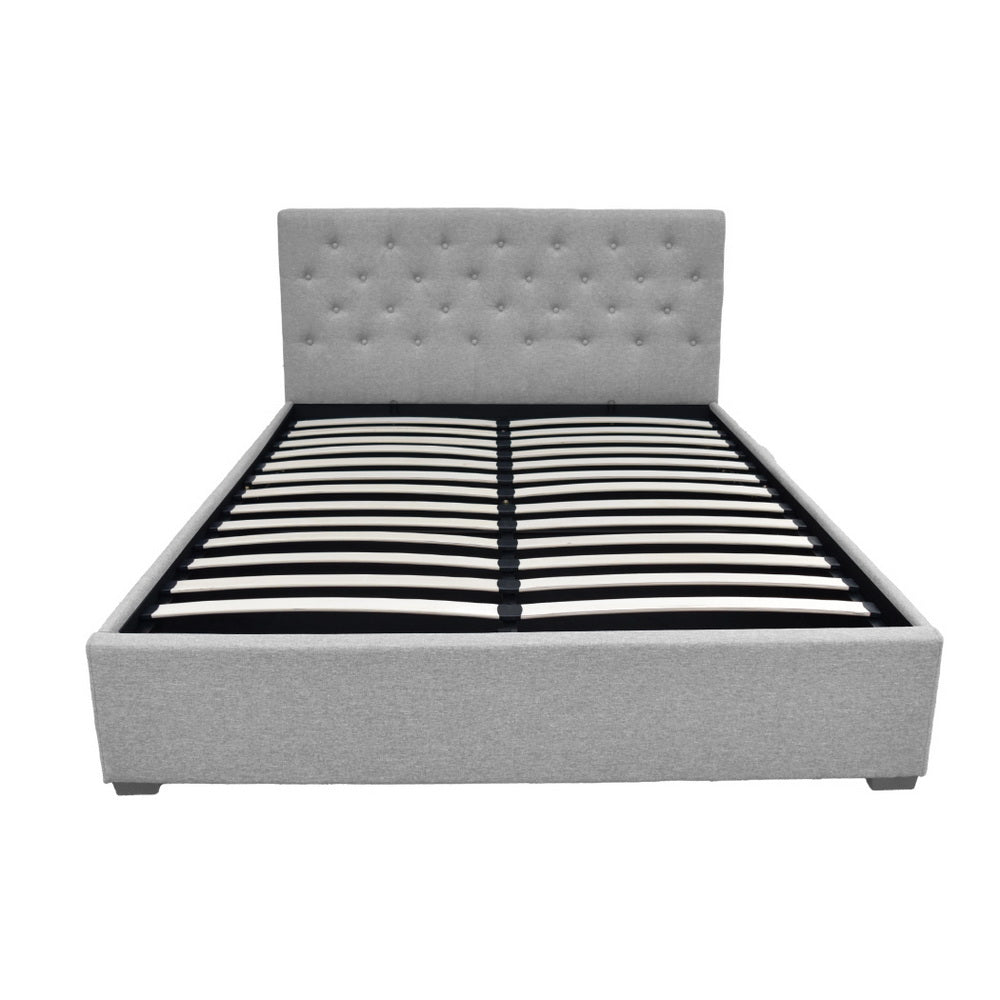 Artiss Vila Bed Frame Fabric Gas Lift Storage - Grey Queen