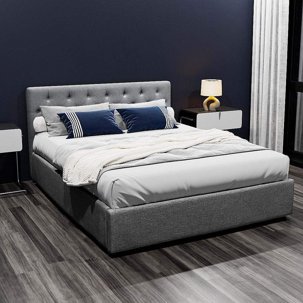 Artiss Vila Bed Frame Fabric Gas Lift Storage - Grey Queen