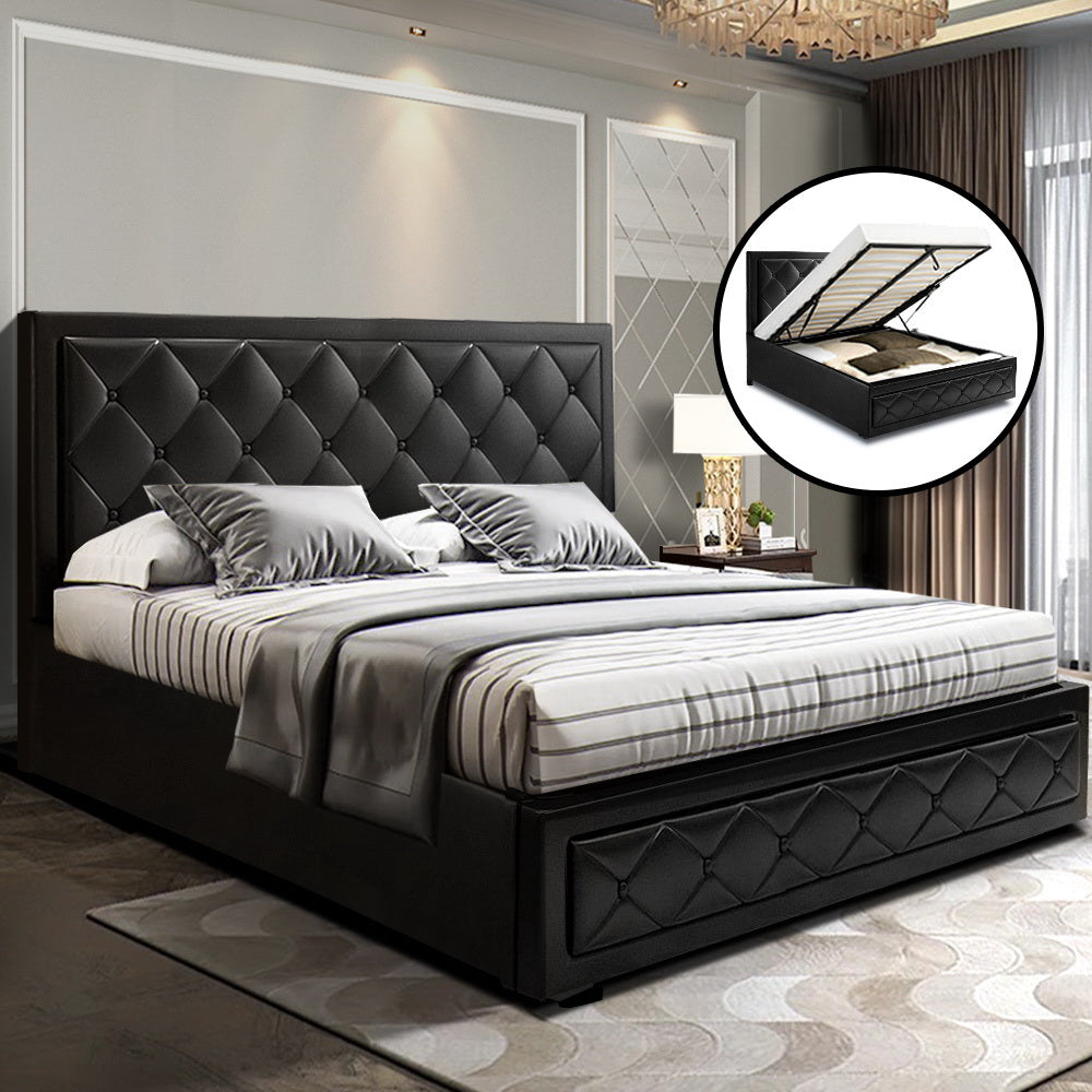 Artiss Tiyo Bed Frame PU Leather Gas Lift Storage - Black Double