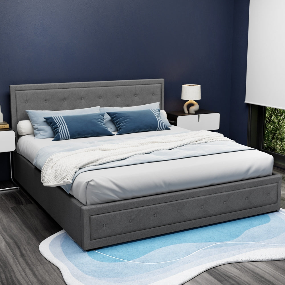 Artiss Tiyo Bed Frame Fabric Gas Lift Storage - Grey King